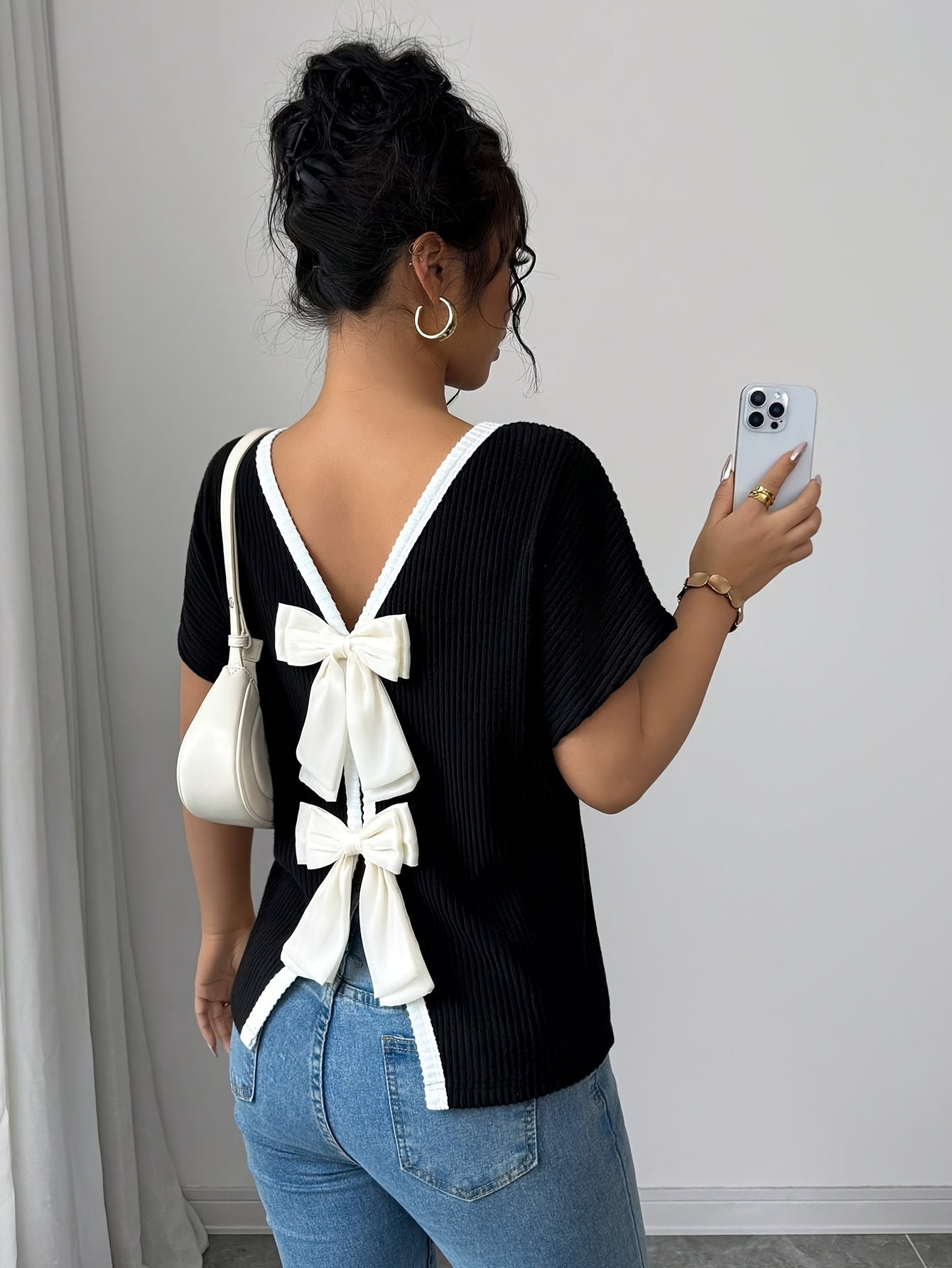 Veloria™ Women’s Elegant V-Neck Bow Back T-Shirt – Lightweight Casual Chic Top