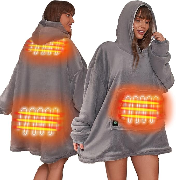Electric Heated Blanket Hoodie – Oversized Sherpa, USB Heated, 3 Heat Settings, One Size, Charcoal Grey (Power Bank Not Included)
