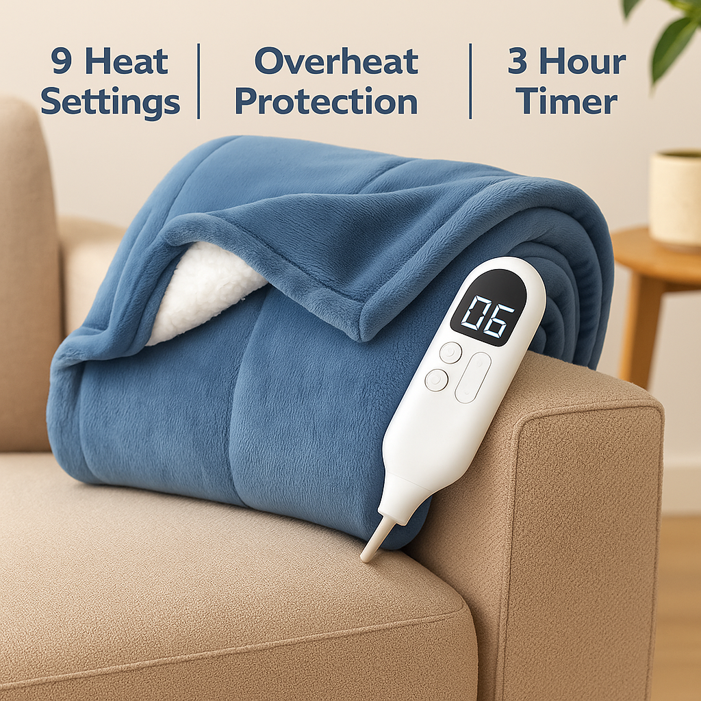 Heating Throw Blanket – Electric Heated Throw with Digital Display, 3 Heat Settings, Auto Shut-Off & Washable