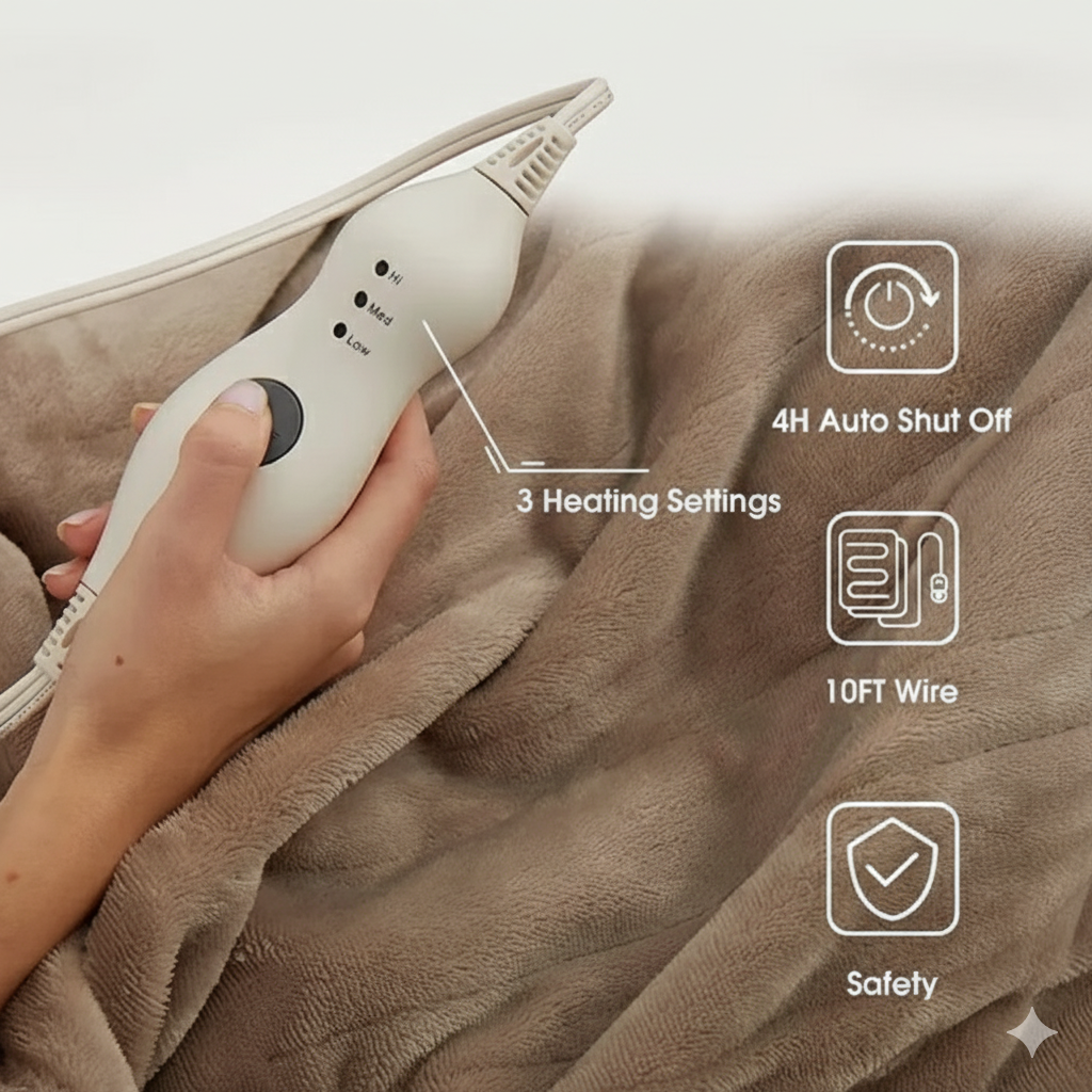 Warm & Soft Electric Heated Blanket – 3 Heat Levels, Auto Switch-Off, USB Powered, Washable, Extra Safe