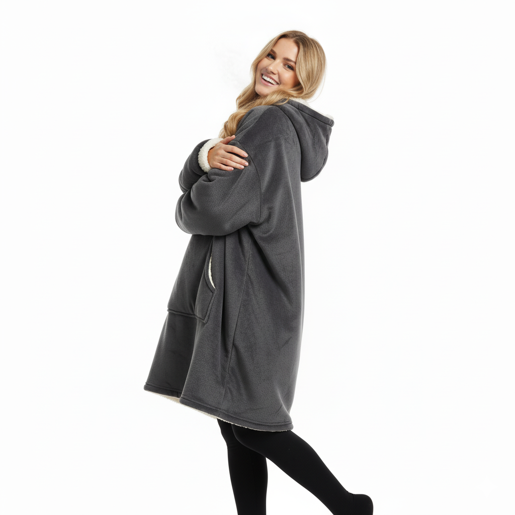 Original Wearable Blanket Hoodie – Grey | Sherpa Lined, Double-Layer, S/M & L, Machine Washable, Large Pocket