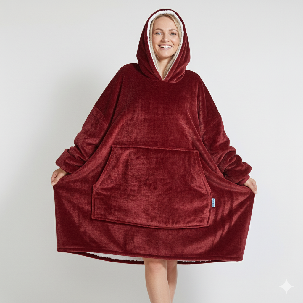 Oversized Hoodie Blanket – Wine | Sherpa Lined, Double-Layer, One Size, Machine Washable, Large Pocket