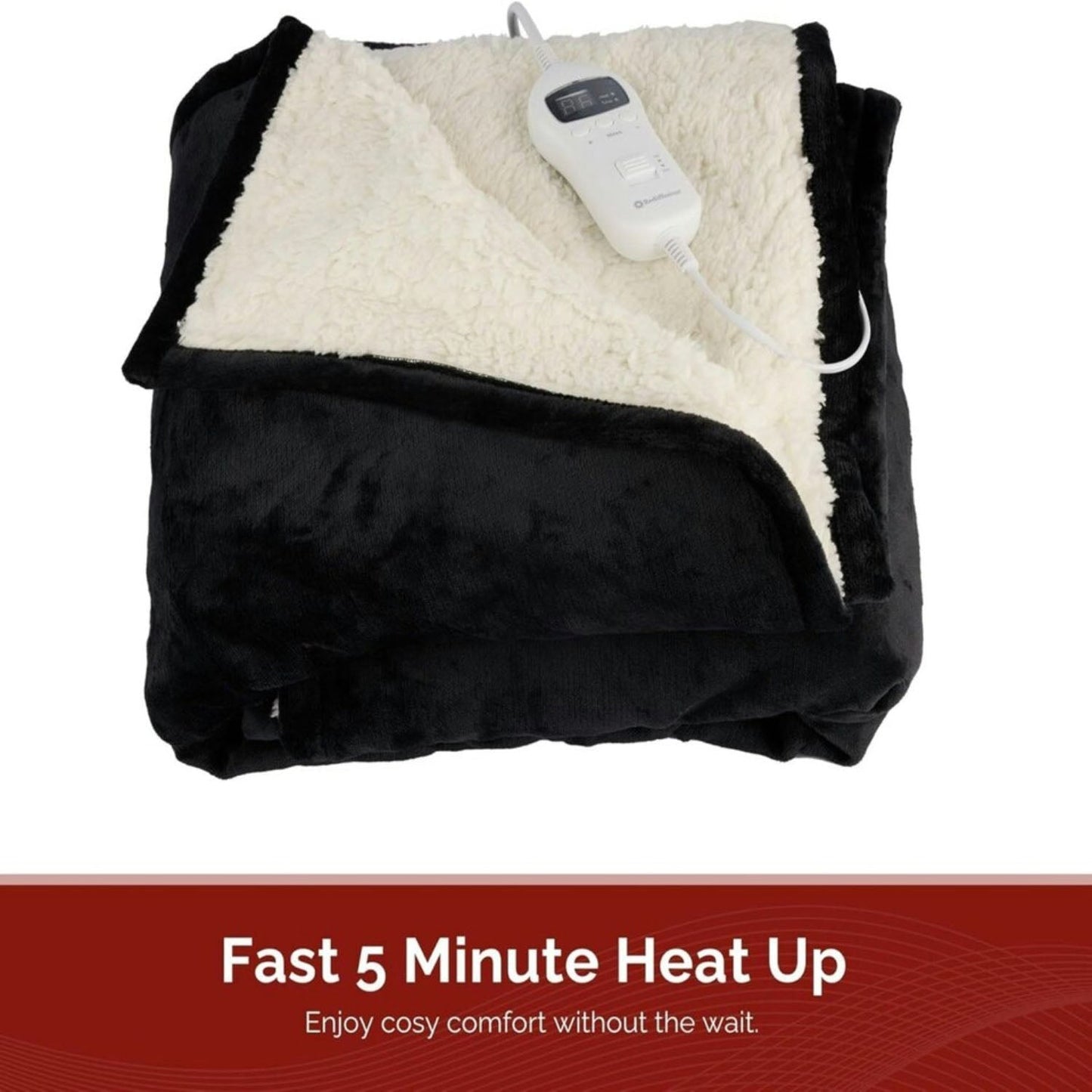Rediffusion Cosy Snug Black Luxury Heated Throw – 10 Heat Settings, Timer, Fast Heat-Up, Washable Fleece