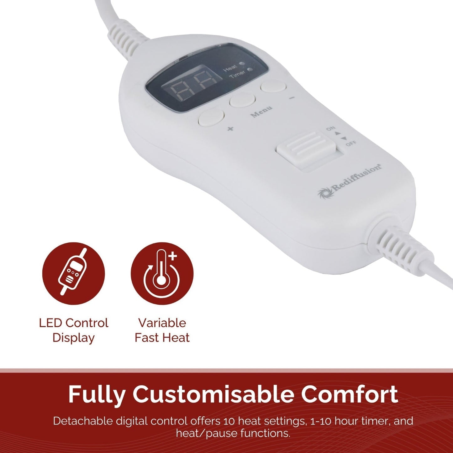 Rediffusion Cosy Snug Grey Luxury Heated Throw – 10 Heat Settings, 1–10h Timer, Fast Heat-Up, Washable Fleece