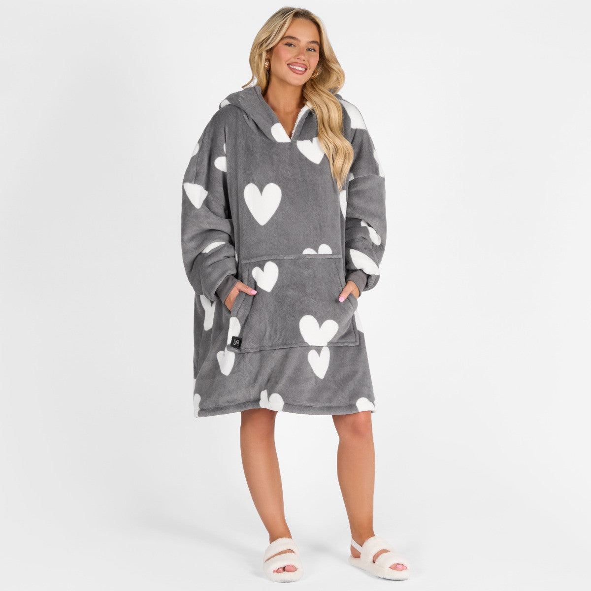 Electric Heated Hoodie Blanket – Adults Heart Print, Charcoal Sherpa, USB Heated Wearable Throw, One Size