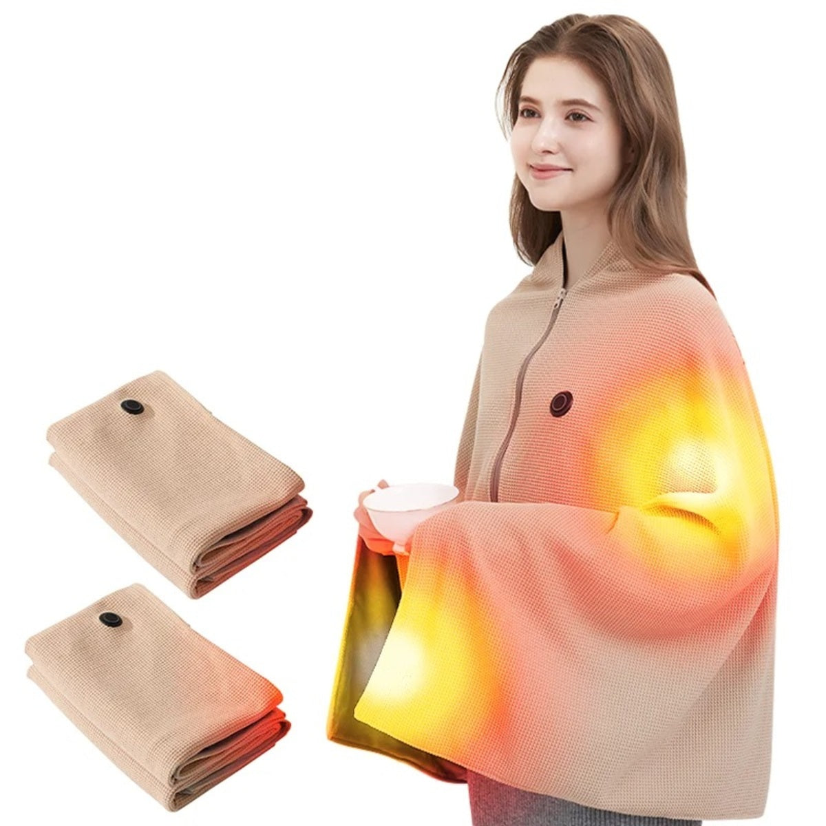 USB Electric Heated Blanket Poncho – Wearable Heated Throw, 3 Heat Levels, Zipper Zip-Up, Machine-Washable, Home & Office