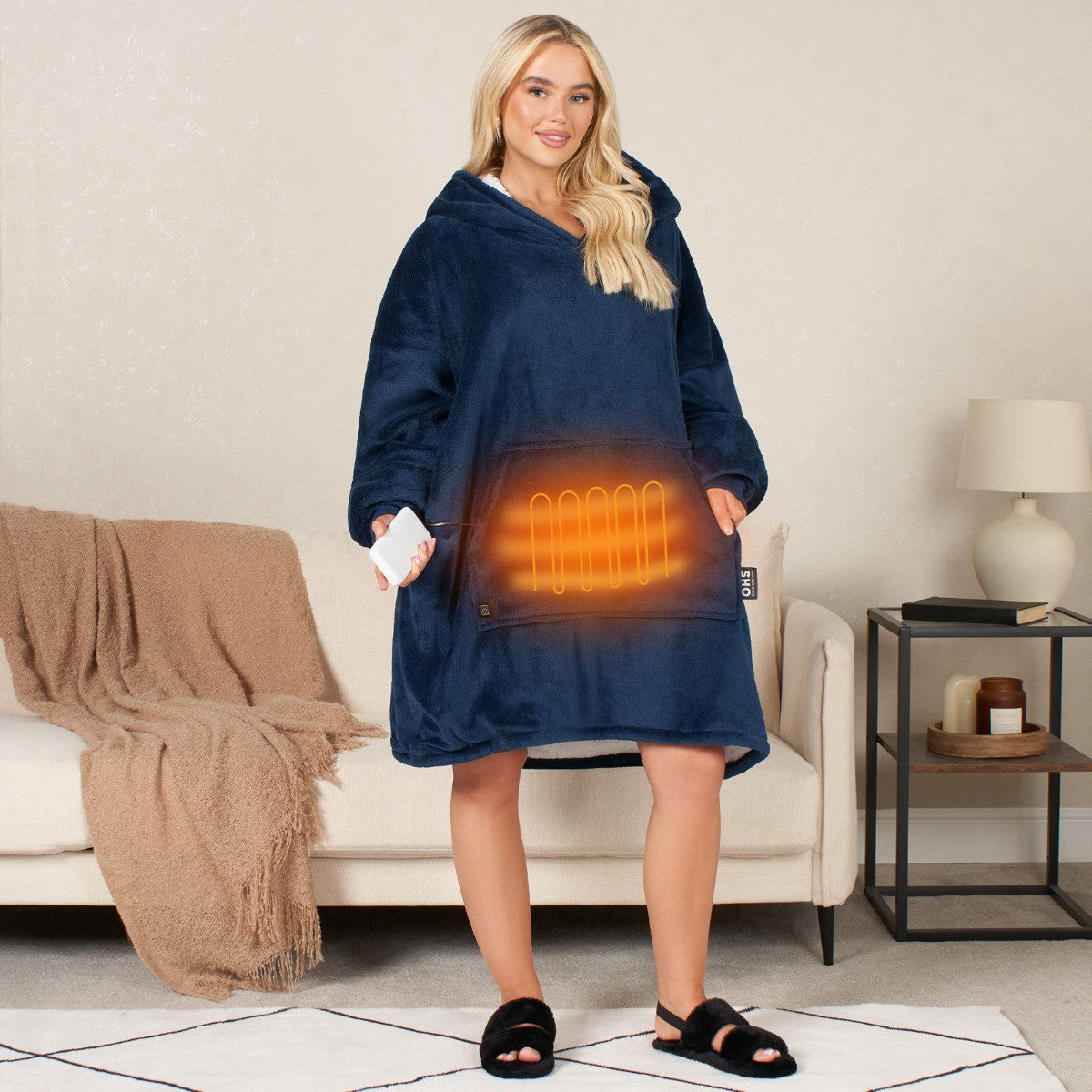 Electric Heated Hoodie Blanket – Adults Oversized, Blush Sherpa, USB Heated Wearable Throw, 3 Heat Settings