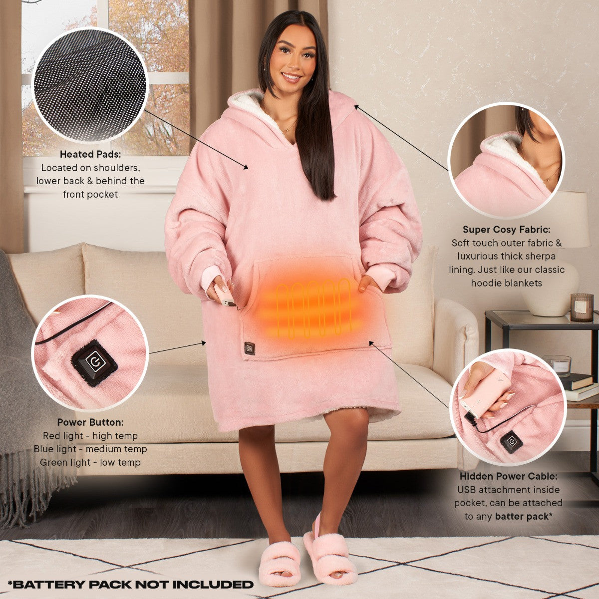 Electric Heated Hoodie Blanket – Adults Oversized, Blush Sherpa, USB Heated Wearable Throw, 3 Heat Settings