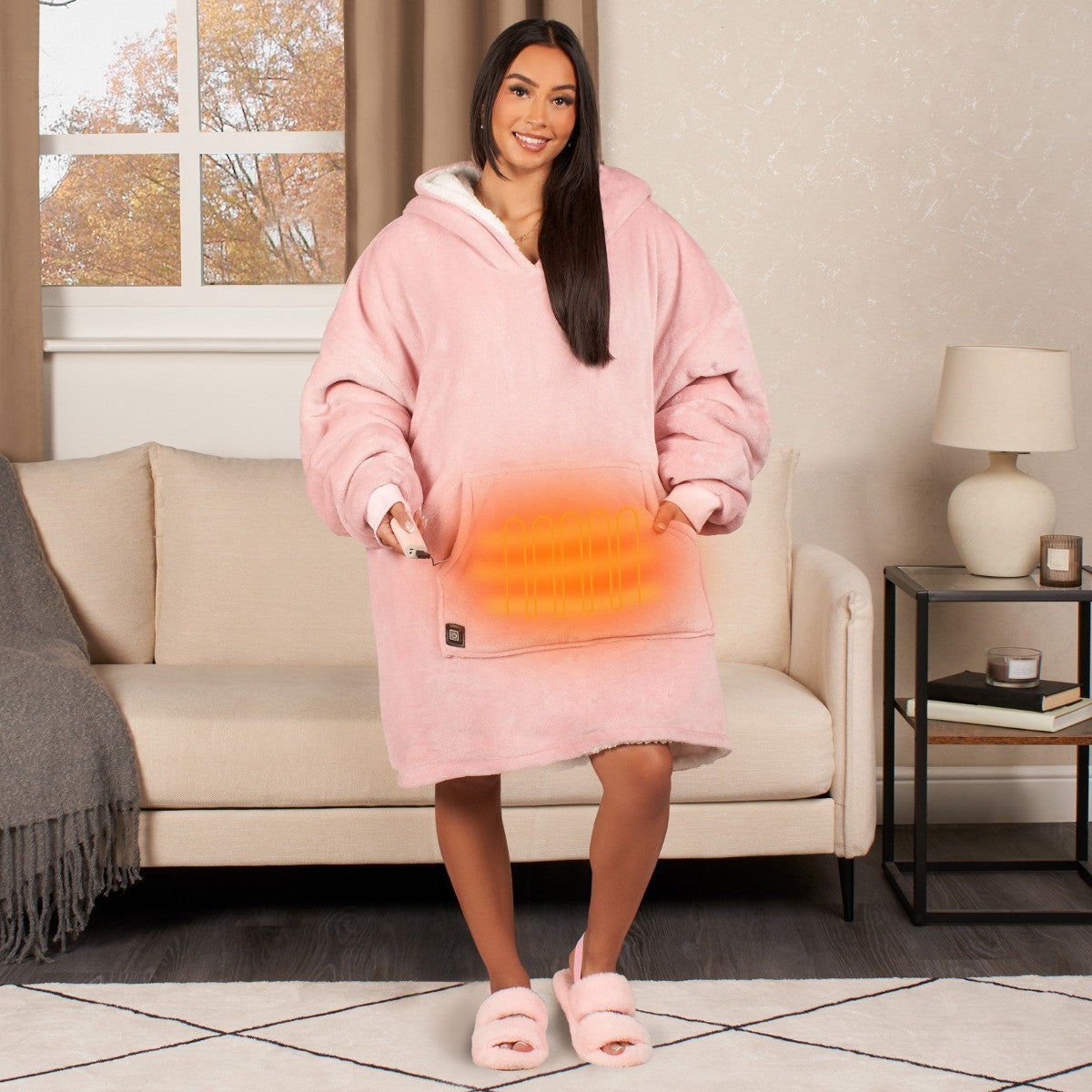 Electric Heated Hoodie Blanket – Adults Oversized, Blush Sherpa, USB Heated Wearable Throw, 3 Heat Settings