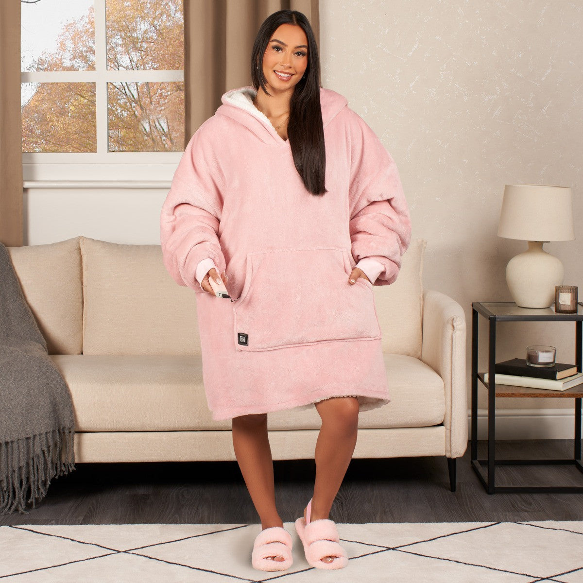Electric Heated Hoodie Blanket – Adults Oversized, Blush Sherpa, USB Heated Wearable Throw, 3 Heat Settings
