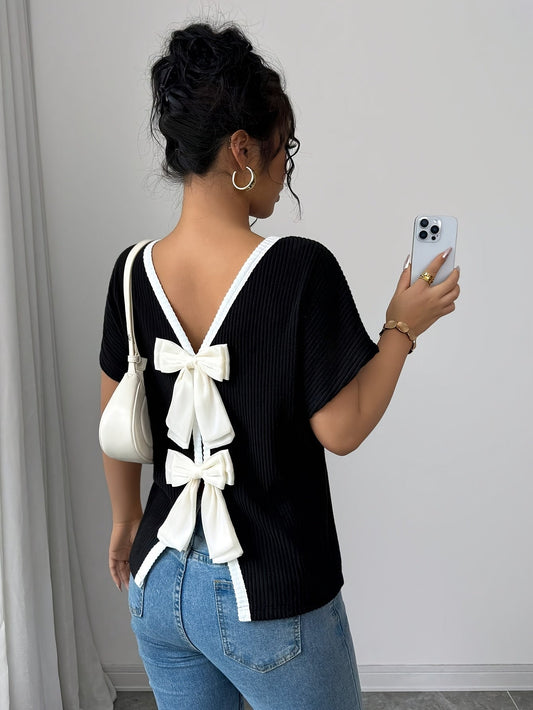 Veloria™ Women’s Elegant V-Neck Bow Back T-Shirt – Lightweight Casual Chic Top