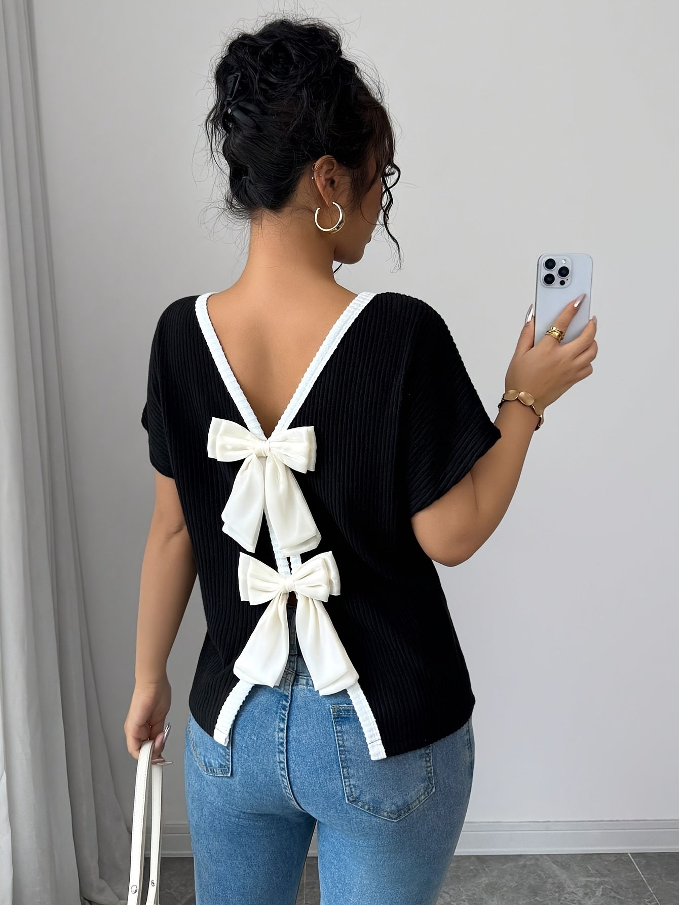 Veloria™ Women’s Elegant V-Neck Bow Back T-Shirt – Lightweight Casual Chic Top