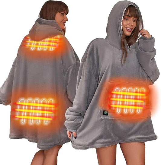 Electric Heated Blanket Hoodie – Oversized Sherpa, USB Heated, 3 Heat Settings, One Size, Charcoal Grey (Power Bank Not Included)