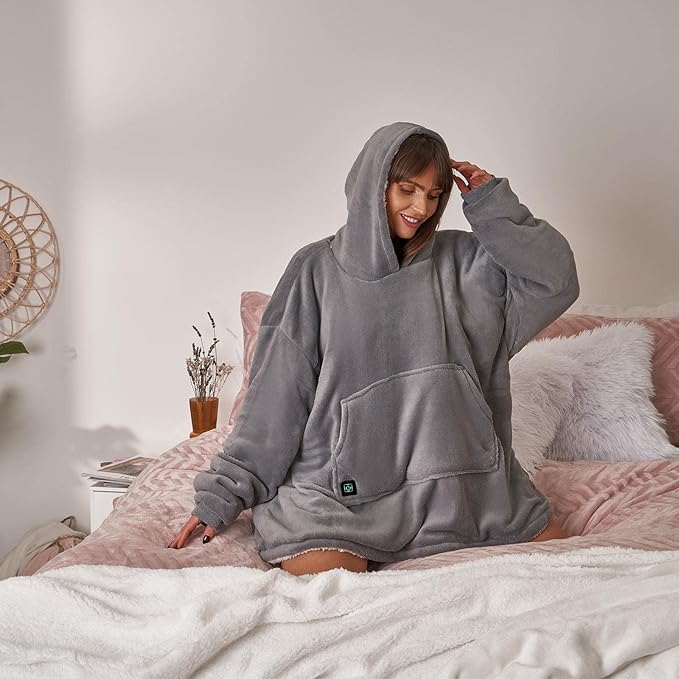 Electric Heated Blanket Hoodie – Oversized Sherpa, USB Heated, 3 Heat Settings, One Size, Charcoal Grey (Power Bank Not Included)