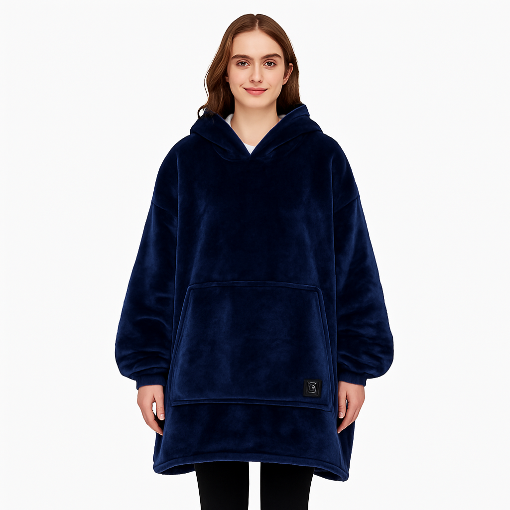 Electric Heated Hoodie Blanket with Sleeves – Wearable Heated Throw, Back Heat Panel, 3 Heat Levels, One Size, Blue