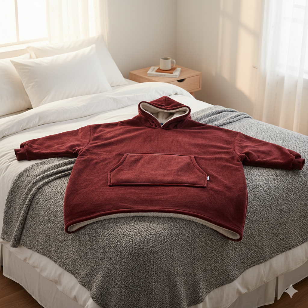Oversized Hoodie Blanket – Wine | Sherpa Lined, Double-Layer, One Size, Machine Washable, Large Pocket