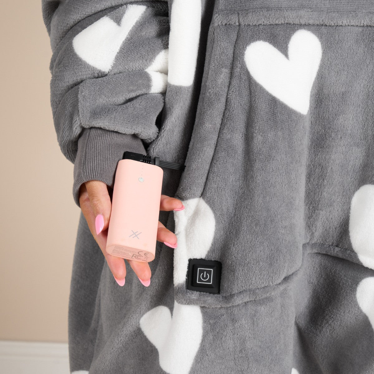 Electric Heated Hoodie Blanket – Adults Heart Print, Charcoal Sherpa, USB Heated Wearable Throw, One Size
