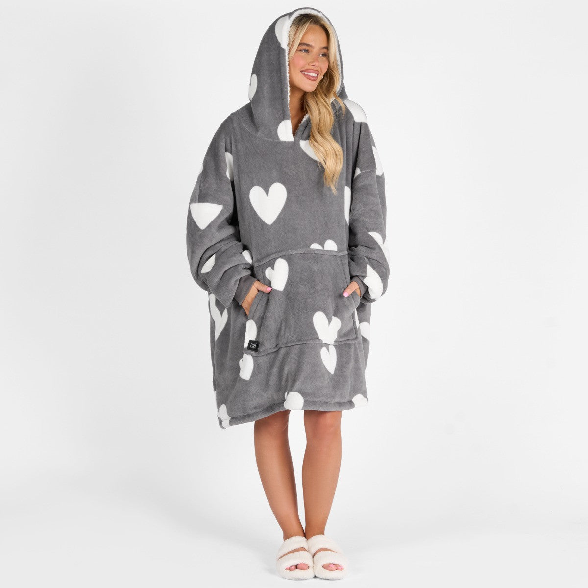 Electric Heated Hoodie Blanket – Adults Heart Print, Charcoal Sherpa, USB Heated Wearable Throw, One Size
