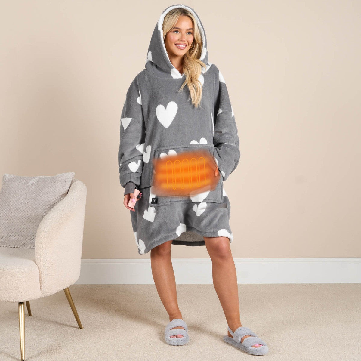 Electric Heated Hoodie Blanket – Adults Heart Print, Charcoal Sherpa, USB Heated Wearable Throw, One Size