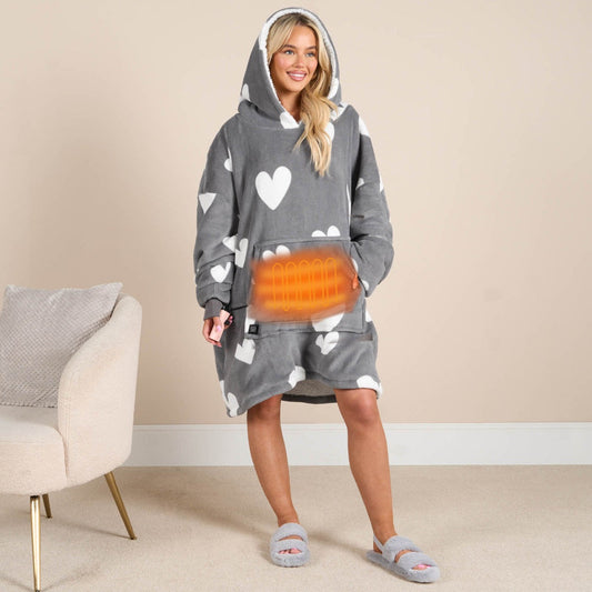 Electric Heated Hoodie Blanket – Adults Heart Print, Charcoal Sherpa, USB Heated Wearable Throw, One Size