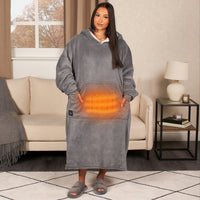 Electric Heated Hoodie Blanket – Adults Extra-Long, One Size, Charcoal Sherpa, USB Heated