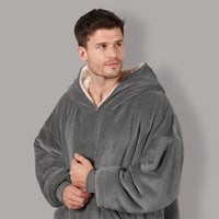 Electric Heated Hoodie Blanket – Adults Extra-Long, One Size, Charcoal Sherpa, USB Heated