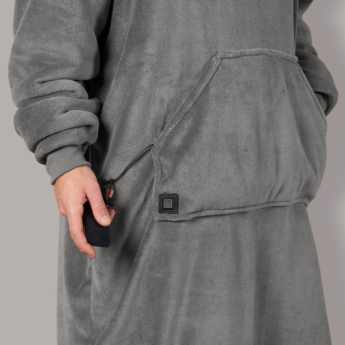 Electric Heated Hoodie Blanket – Adults Extra-Long, One Size, Charcoal Sherpa, USB Heated