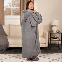 Electric Heated Hoodie Blanket – Adults Extra-Long, One Size, Charcoal Sherpa, USB Heated