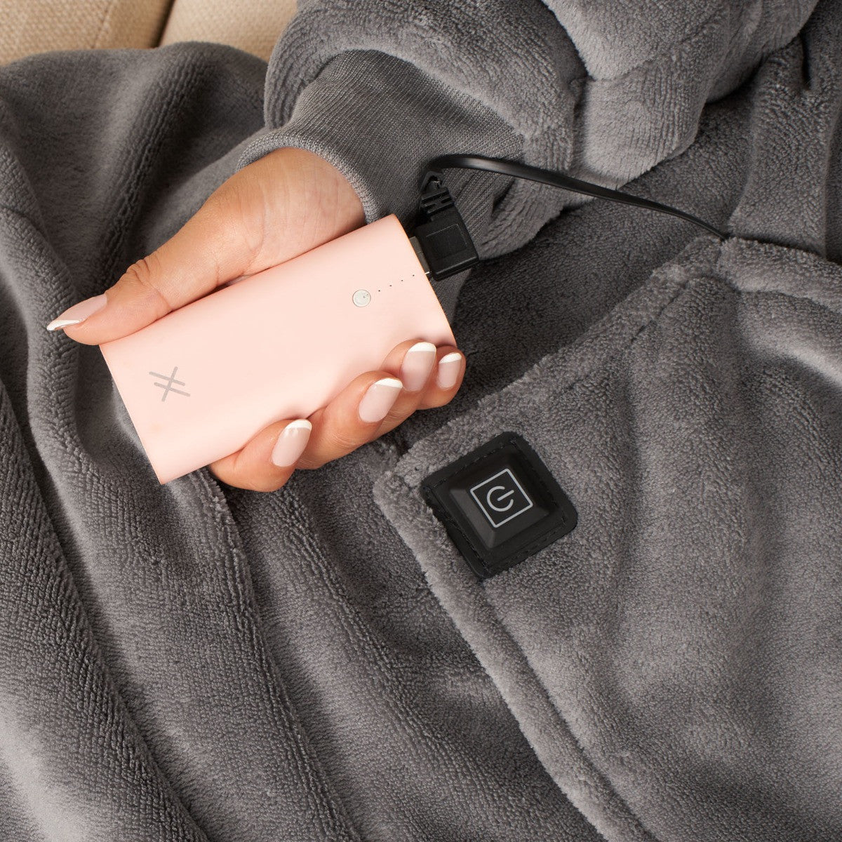 Electric Heated Hoodie Blanket – Adults Extra-Long, One Size, Charcoal Sherpa, USB Heated